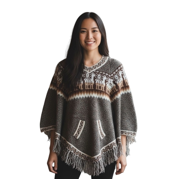 Artesania EDM Alpaca Wool Hooded Sweater Brown White S M - Picture 1 of 3